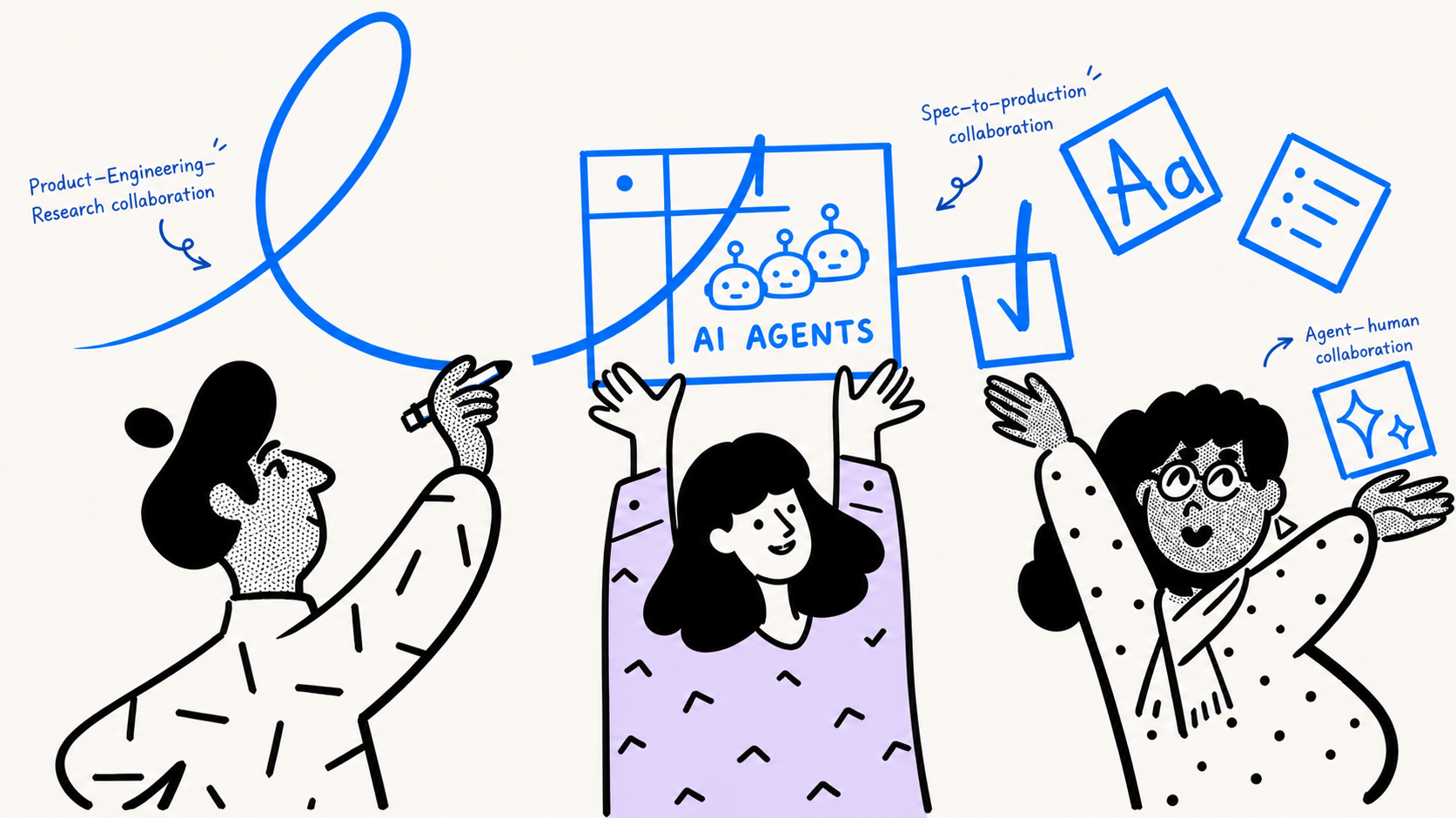 Illustration — product, engineering, and research collaboration with AI agents and spec-to-production workflows